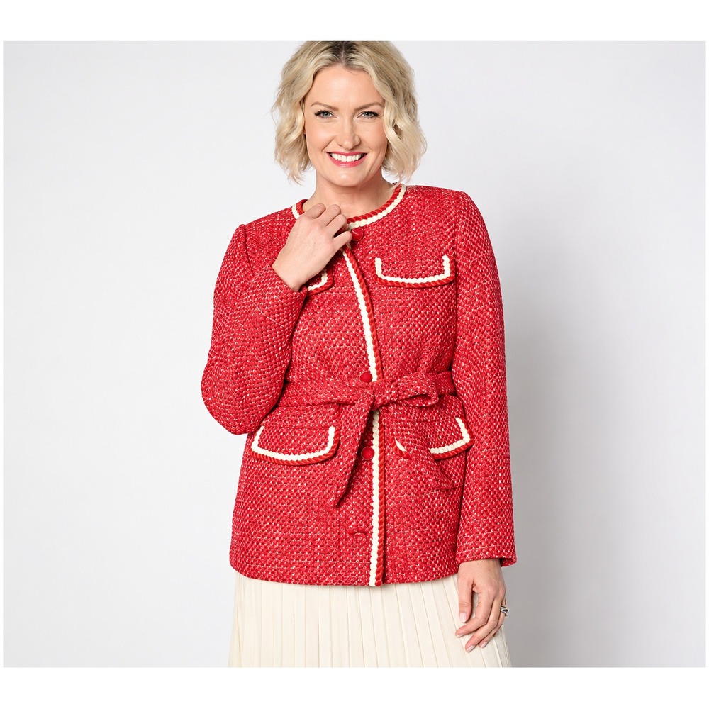 Isaac Mizrahi Live! Regular Woven Tweed Jacket with Self Tie pink Tweed, Large